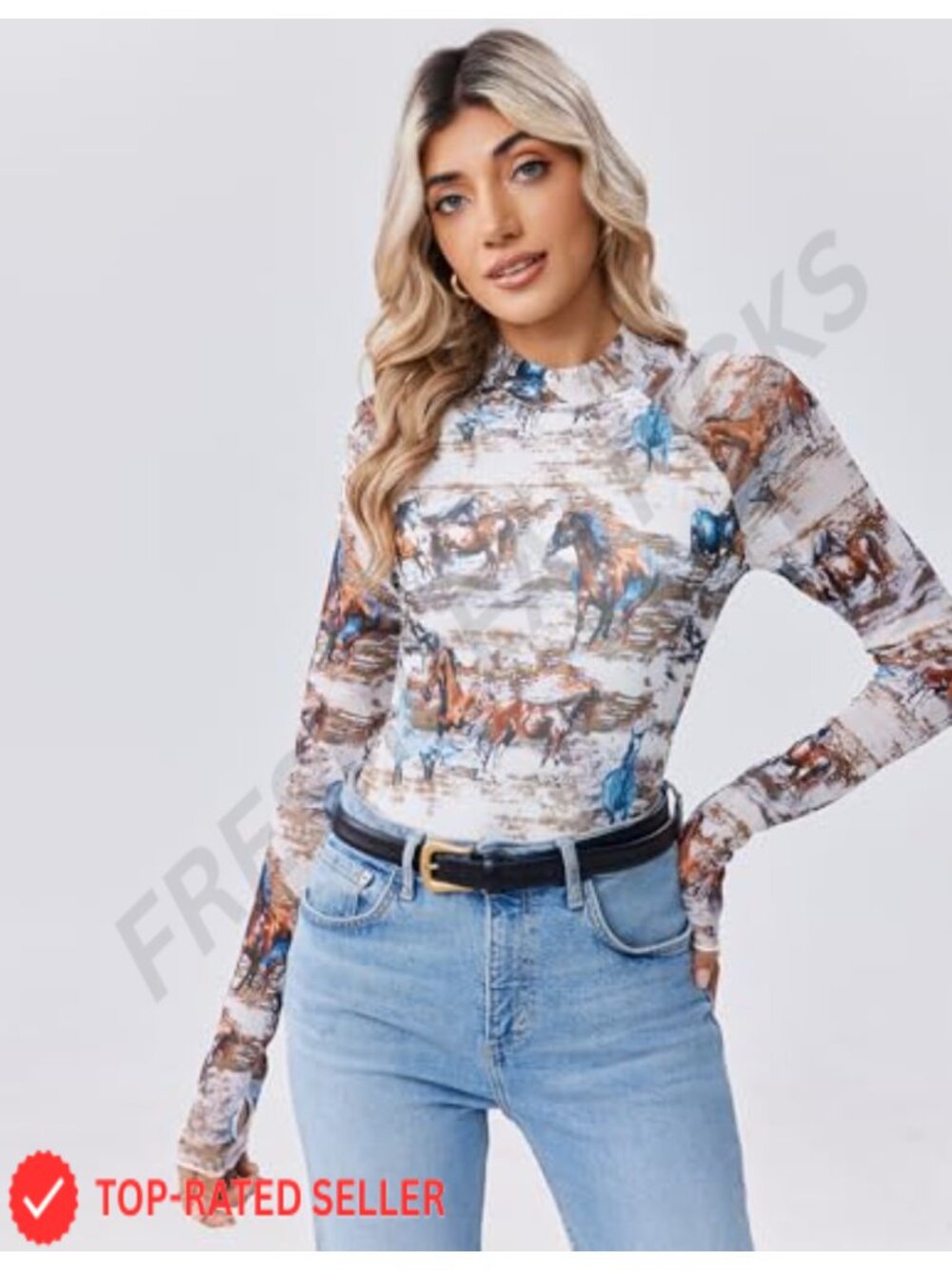 Women's Long Sleeve Floral Mesh Sheer Top Mock Neck Double Lined Fitted Blouse - Picture 3 of 6
